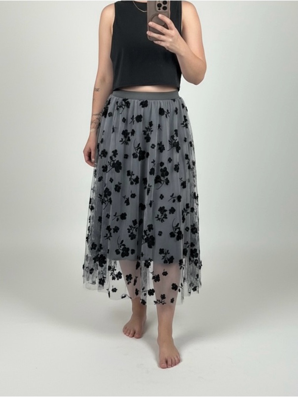 Black Floral Mesh Midi Skirt with Sheer Overlay